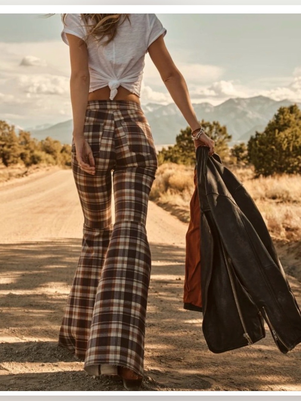 Free People Just Float On Dark Chocolate Combo Windowpane Flare Jeans Pants EUC